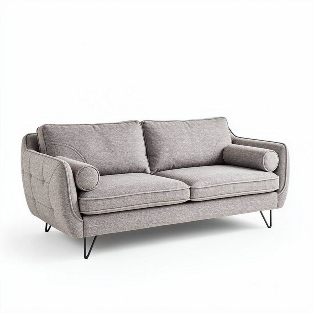 Canapé en tissu gris clair dimensions 210 x 90 x 85cm avec accoudoirs ronds