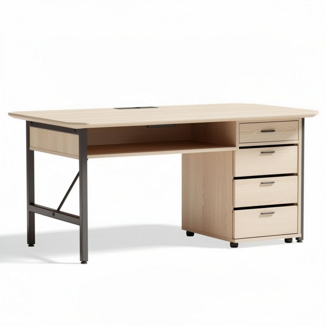 Bureau en bois clair 150 x 75 x 75cm avec rangements et structure en métal